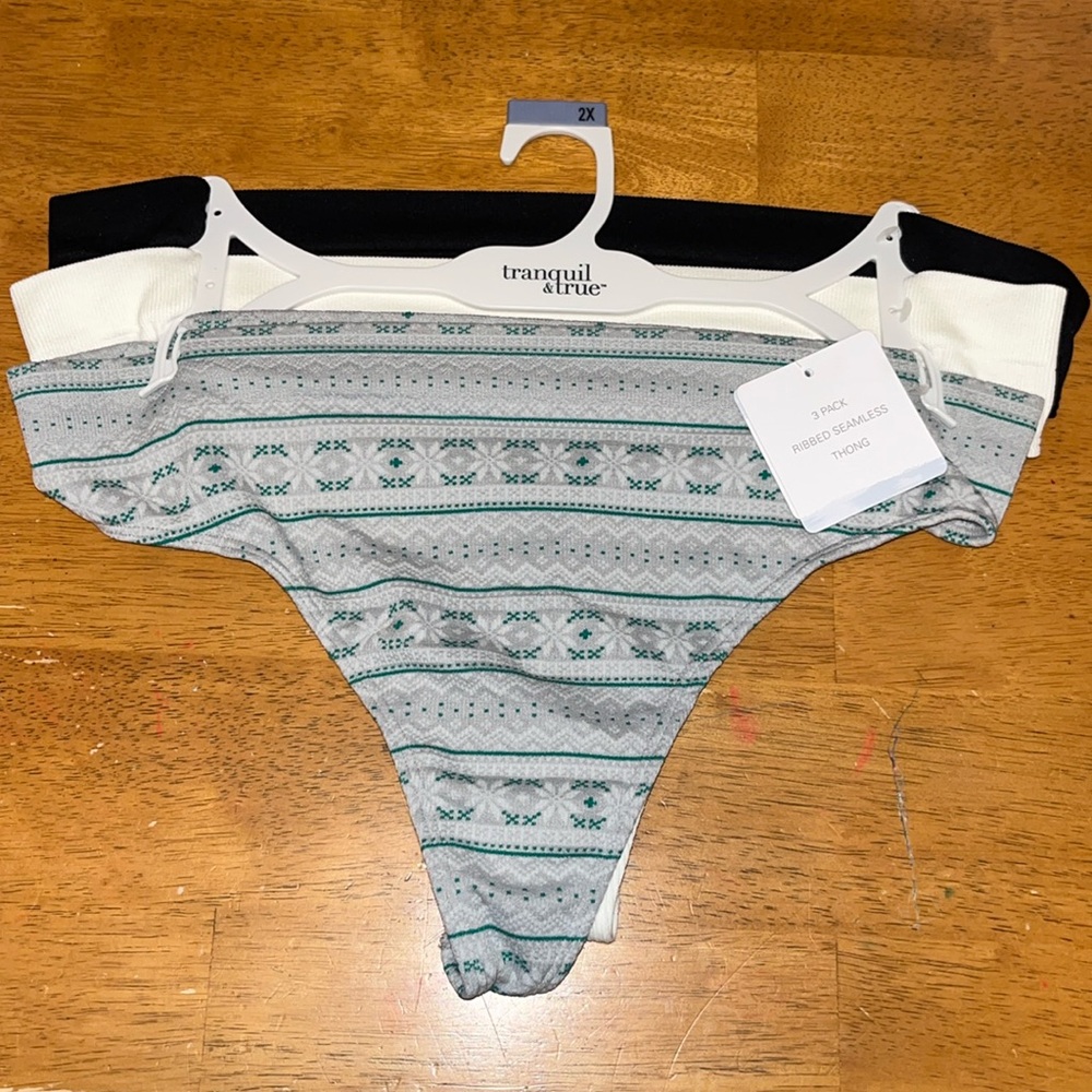 Tranquil & True Womens Plus 2X Seamless Ribbed Thong Panties Pack of 3